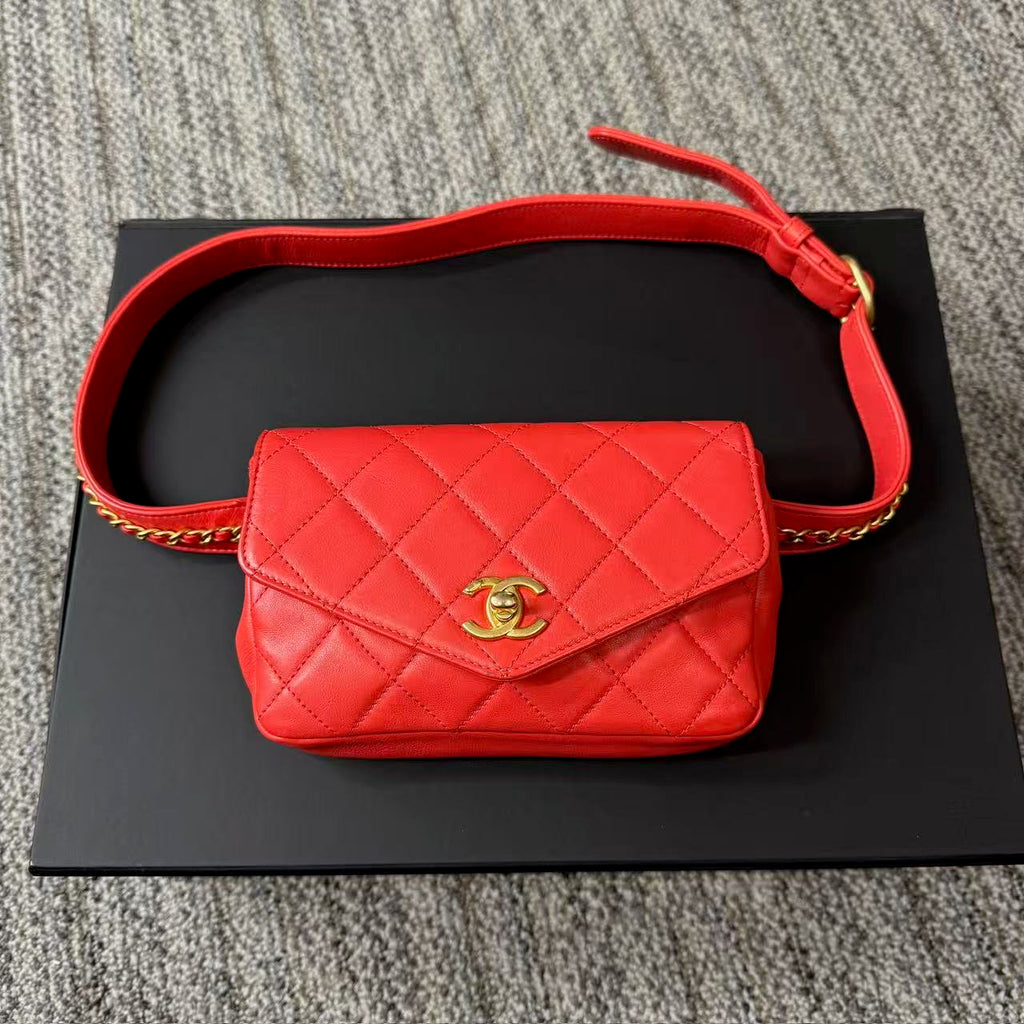 Calfskin Quilted Carry With Chic Flap Waist Bag Red