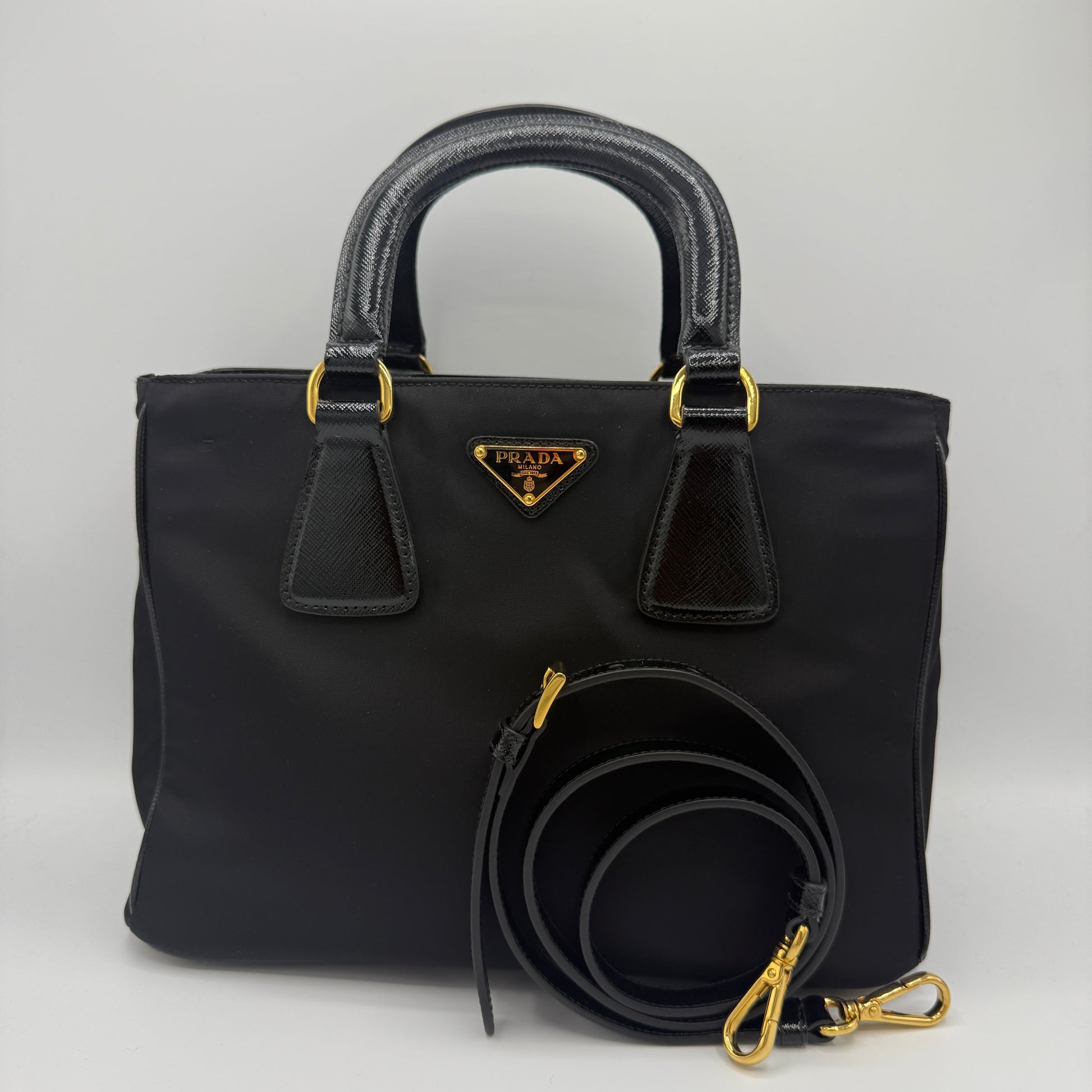 Convertible Top Handle Tote Tessuto with Vernice Saffiano Leather Small