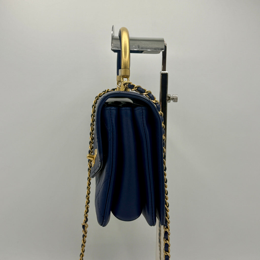 Blue Quilted Calfskin Leather Metal Top Handle Envelope Flap