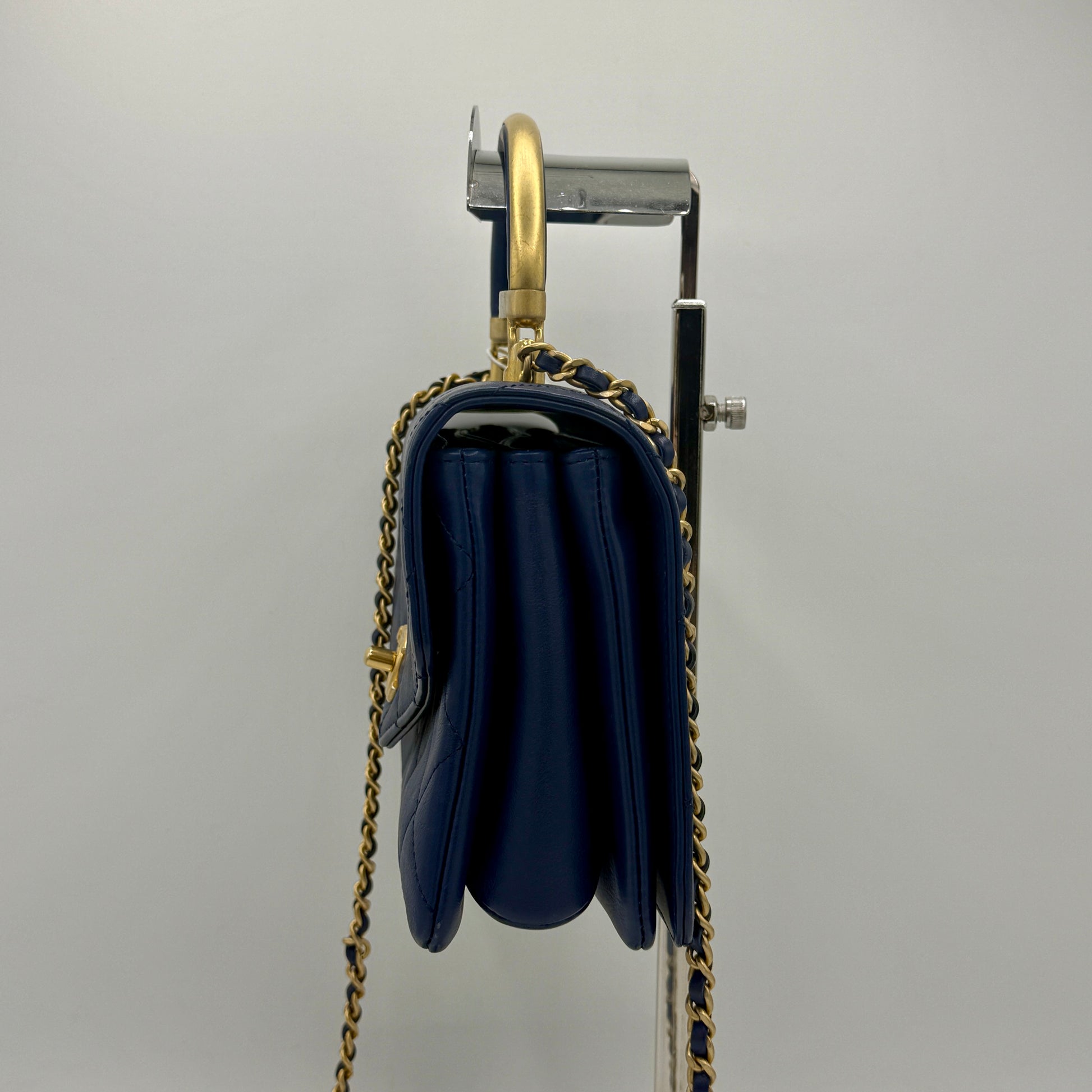 Blue Quilted Calfskin Leather Metal Top Handle Envelope Flap