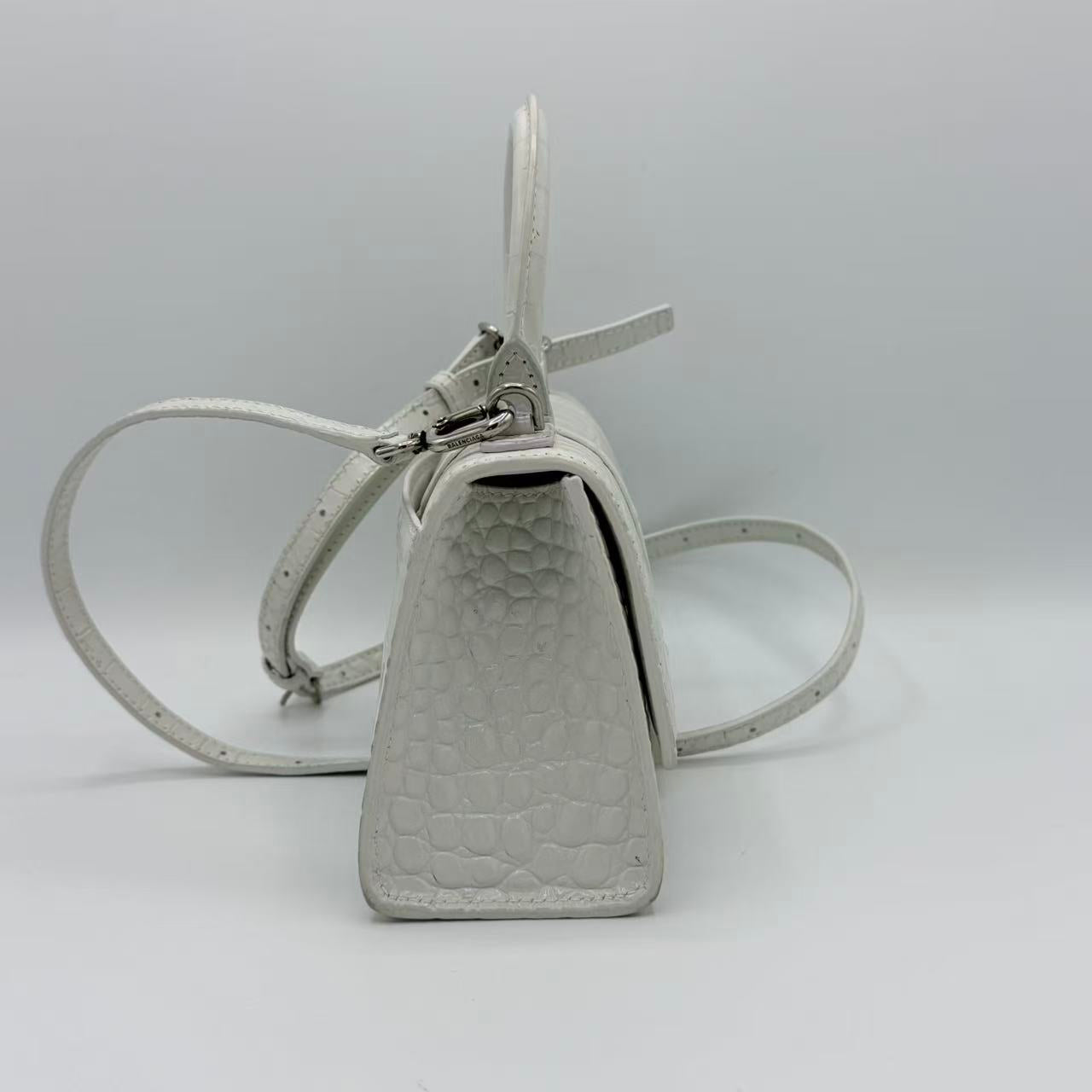 Hourglass Handbag Xs in White shiny crocodile embossed calfskin