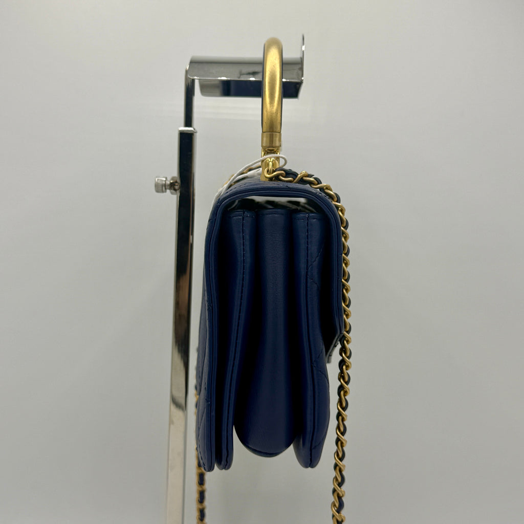 Blue Quilted Calfskin Leather Metal Top Handle Envelope Flap