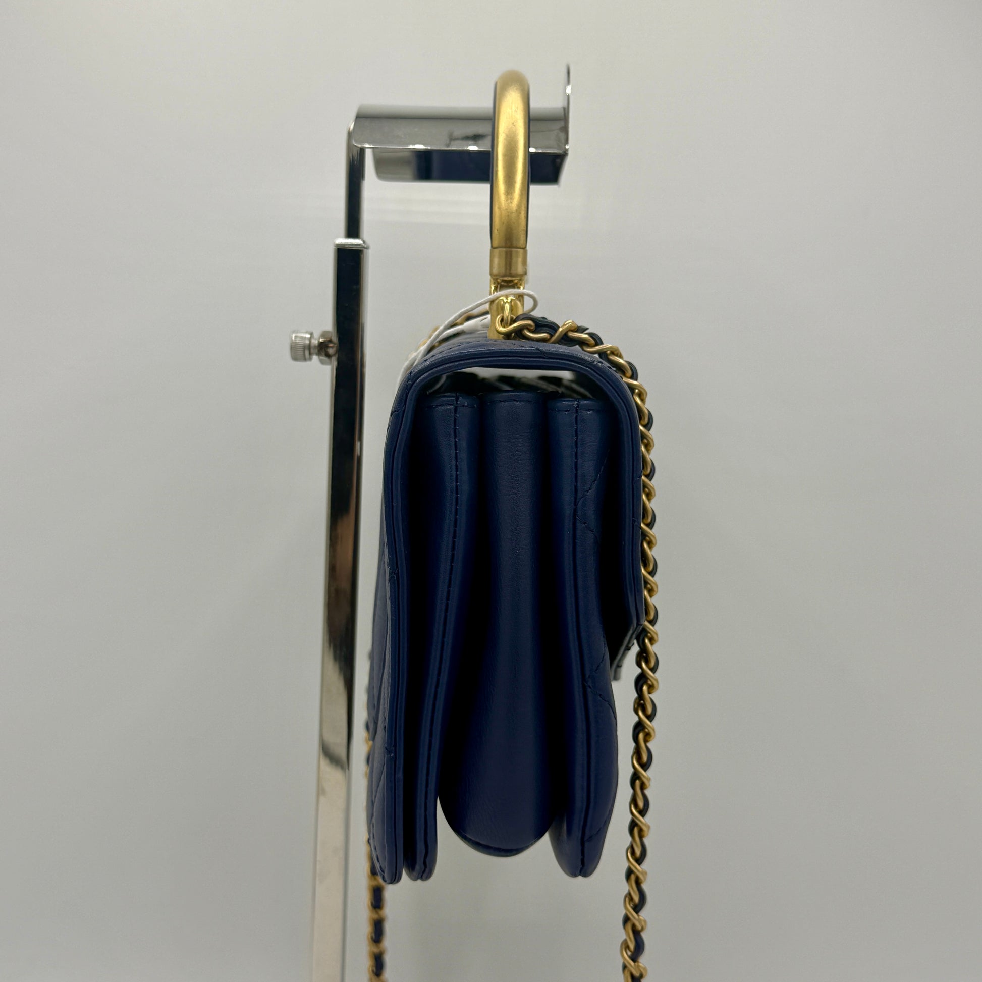 Blue Quilted Calfskin Leather Metal Top Handle Envelope Flap