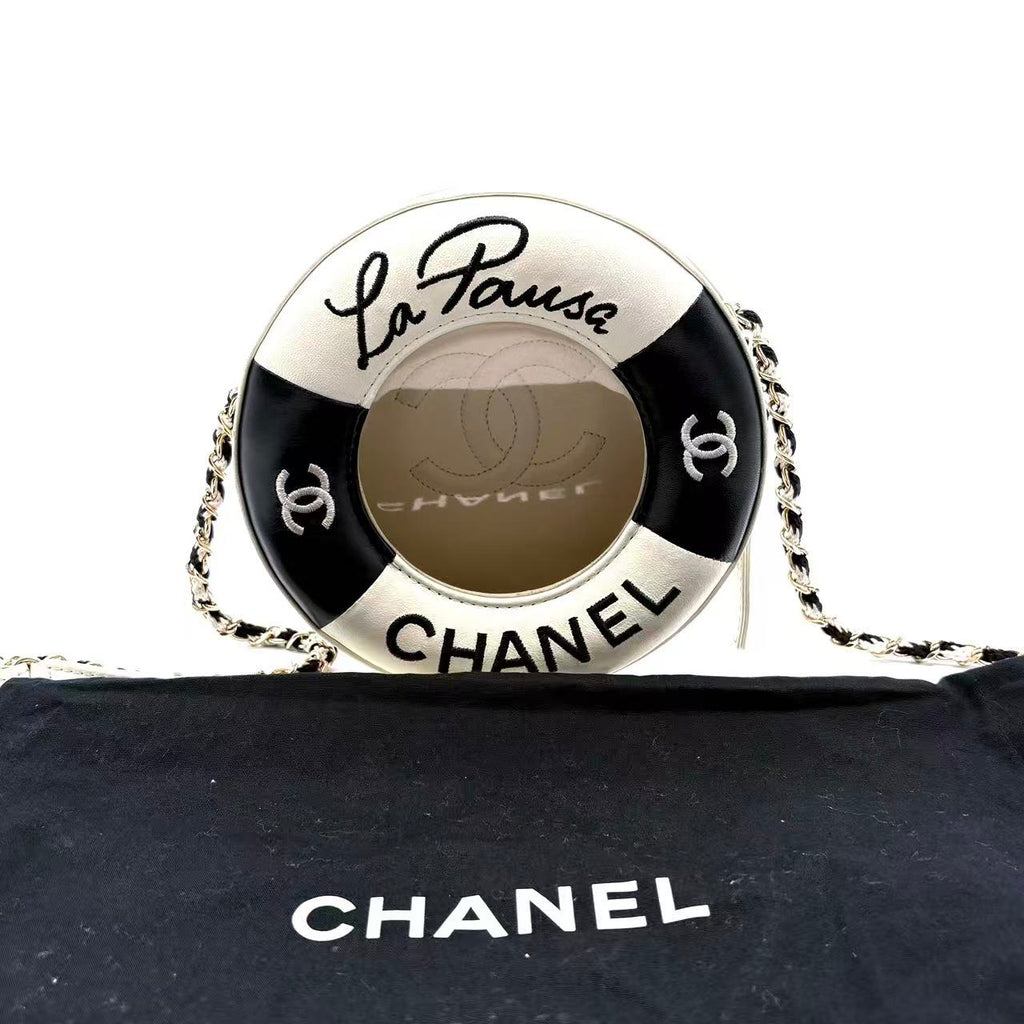 Lambskin Coco Lifesaver Round Bag Black White