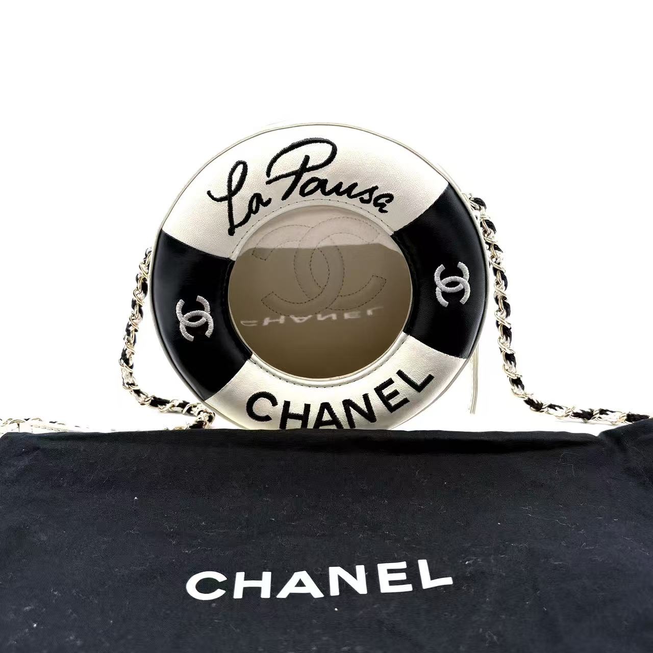 Lambskin Coco Lifesaver Round Bag Black White