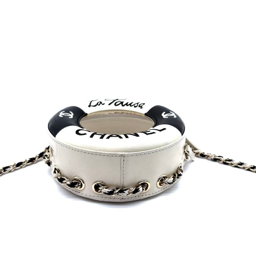 Lambskin Coco Lifesaver Round Bag Black White
