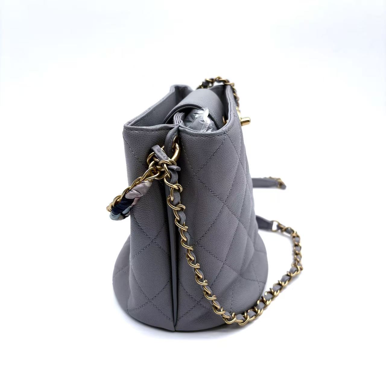 Entwined Chain Top Handle Drawstring Bucket Bag Quilted Shiny Lambskin Small