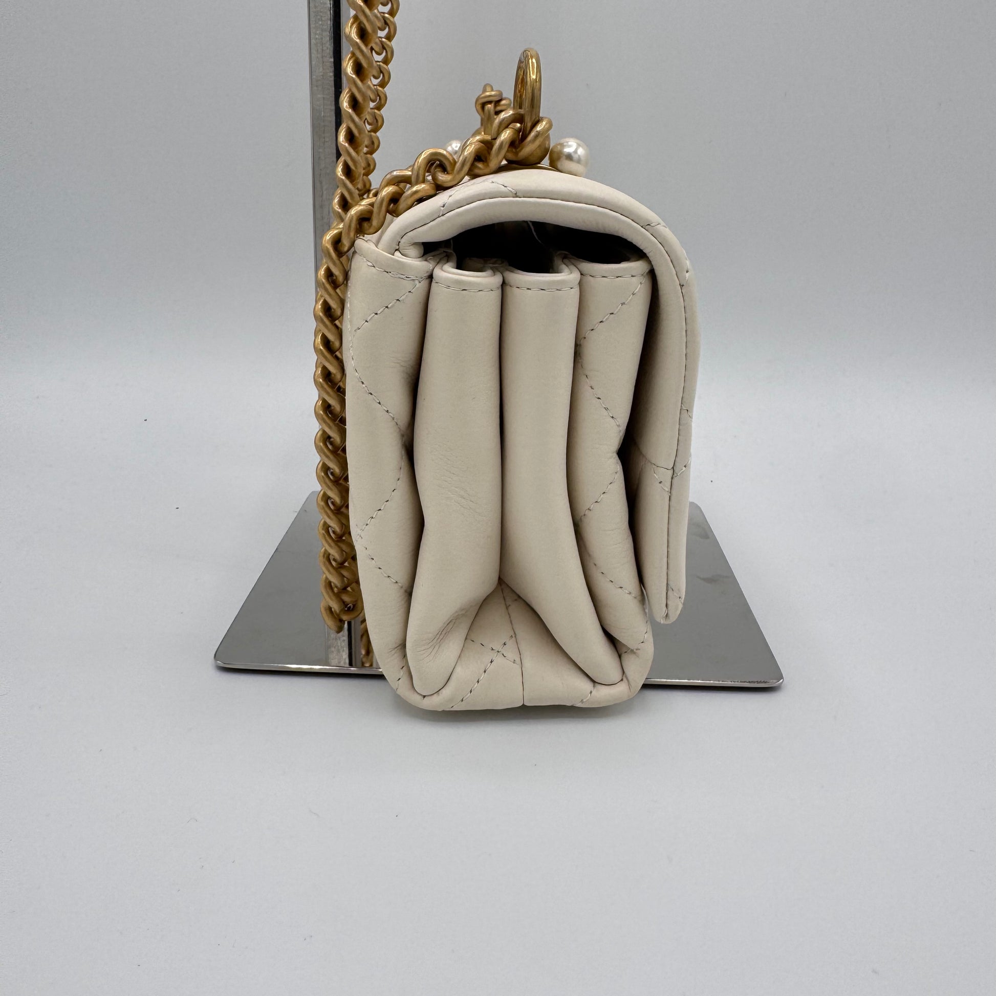 Chanel  Calfskin Quilted Accordion Pearl CC Flap Bag White