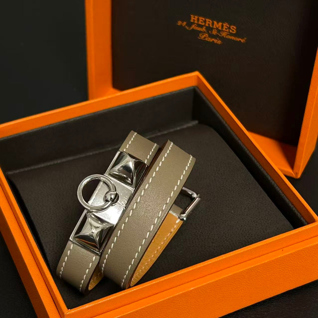 Hermes Etoupe Swift Leather Palladium Plated Rivale Double Tour Bracelet Size S twins LDZ240