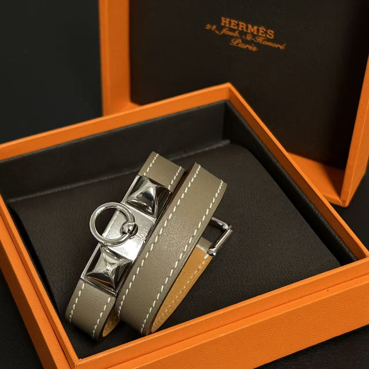 Hermes Etoupe Swift Leather Palladium Plated Rivale Double Tour Bracelet Size S twins LDZ240
