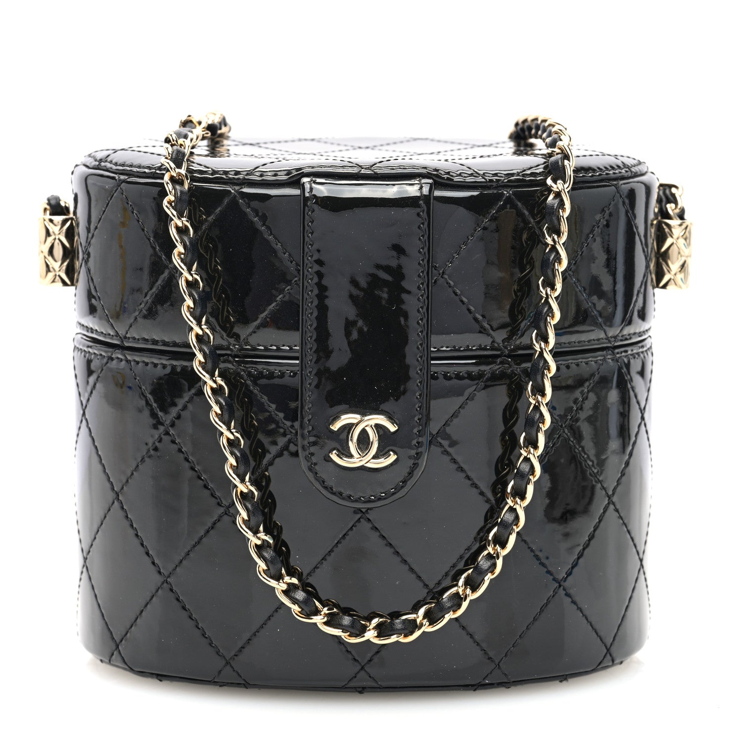 Patent Quilted Round Clutch With Chain Black - twins