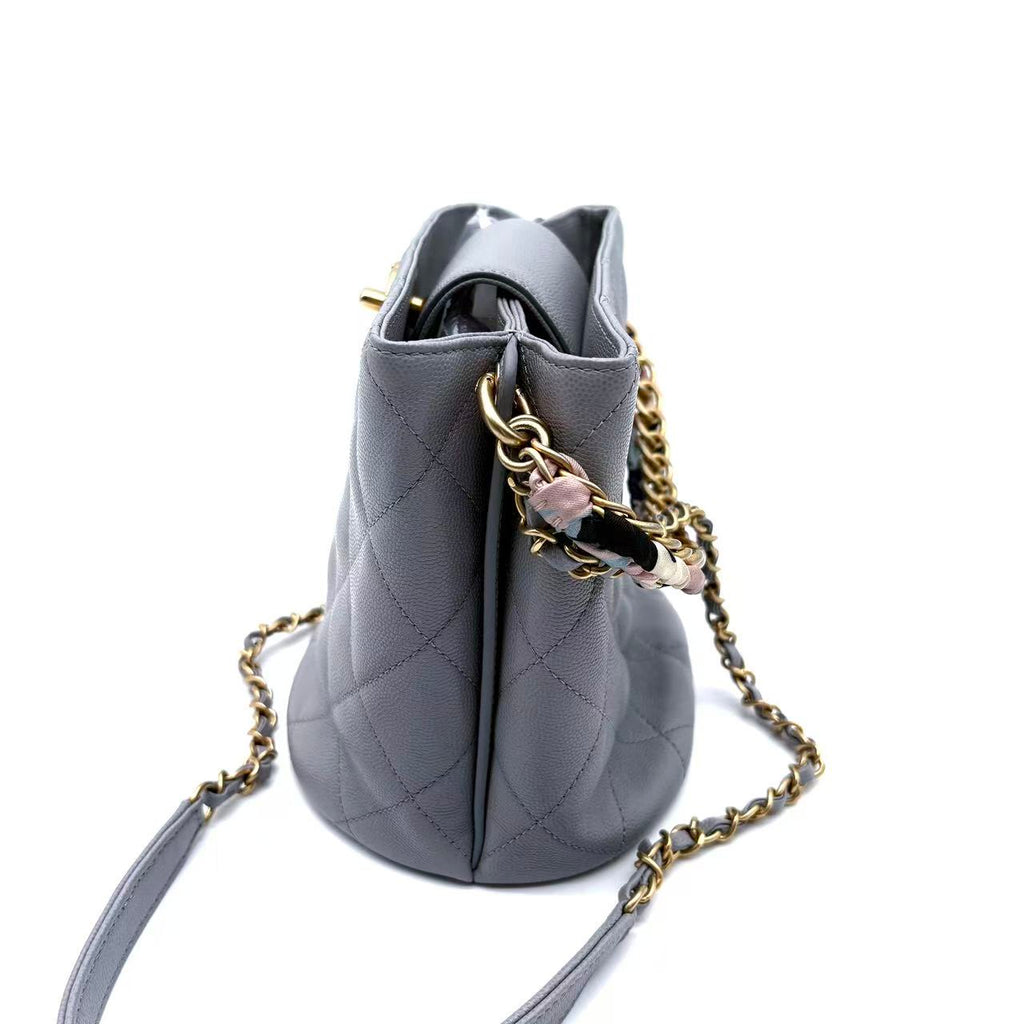 Entwined Chain Top Handle Drawstring Bucket Bag Quilted Shiny Lambskin Small