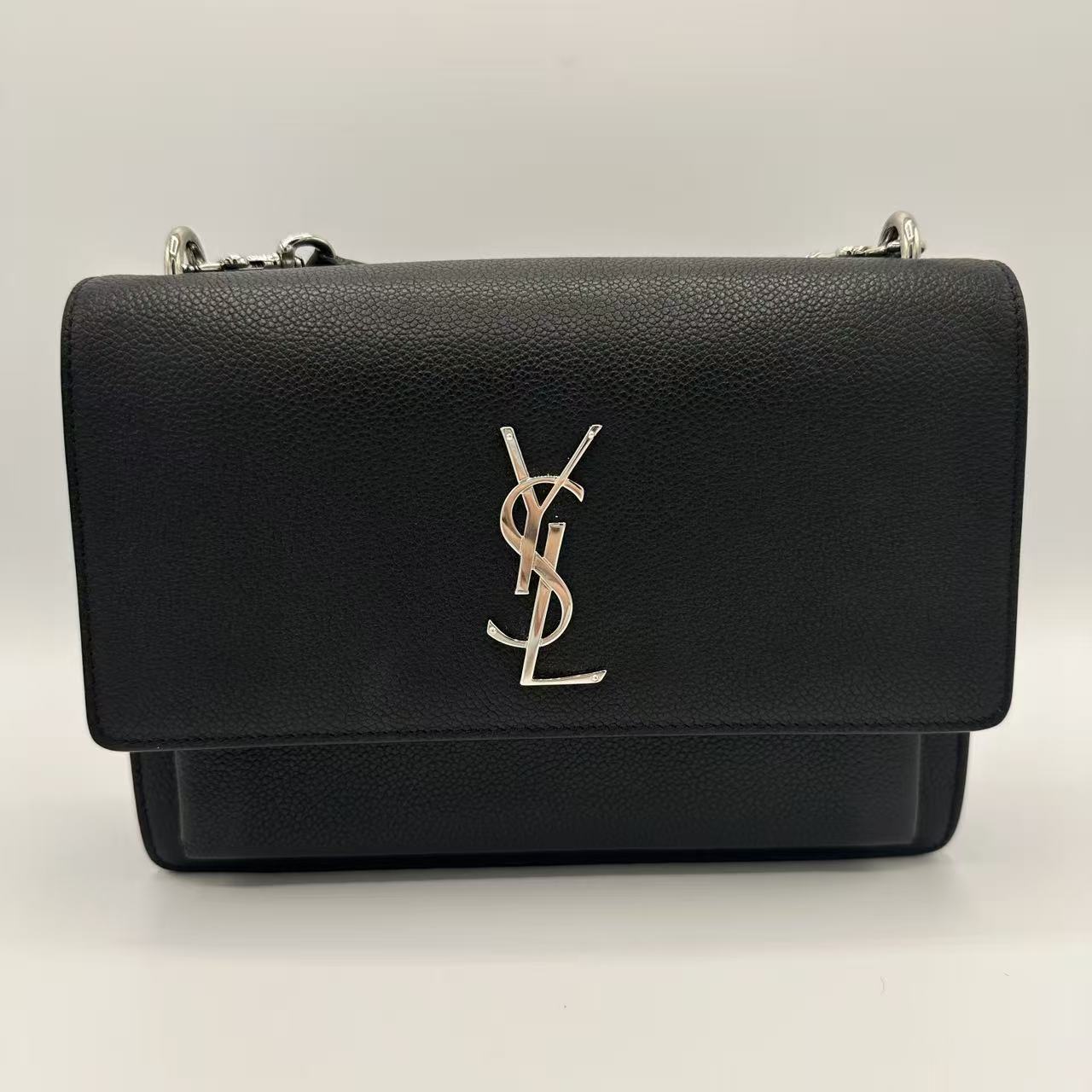 Grained Calfskin Medium Monogram Sunset Satchel Black