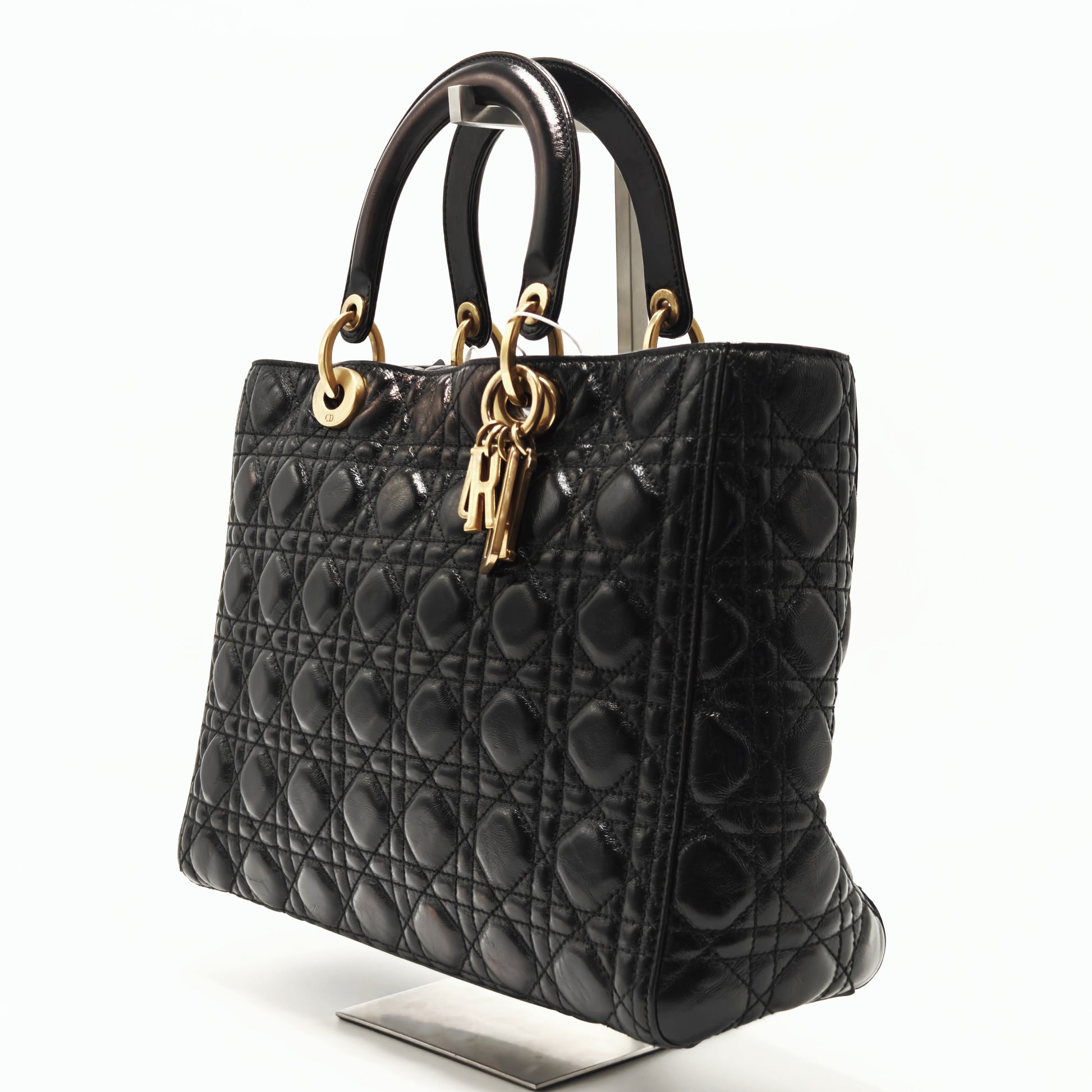 Black Cannage Quilted Patent Calfskin Large Lady Dior Bag twins