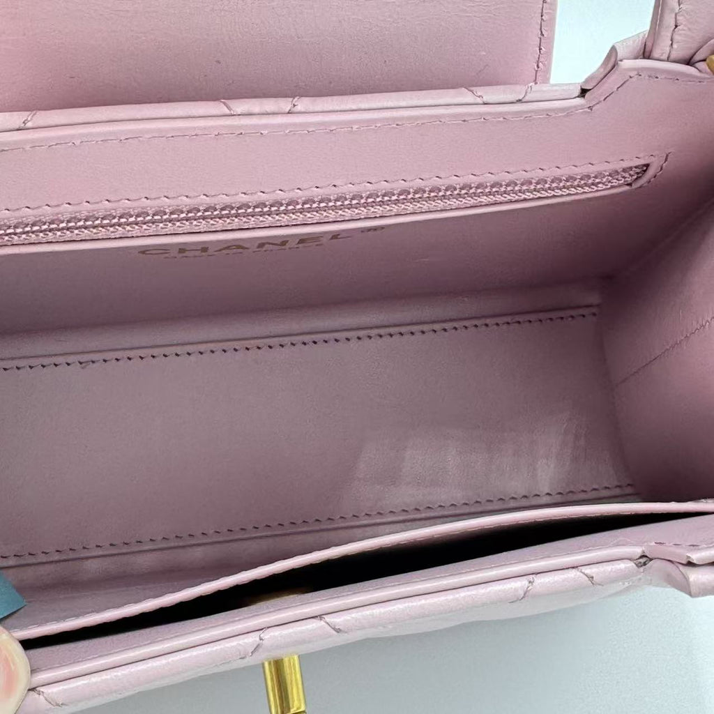 Chanel  Shiny Aged Calfskin Quilted Nano Kelly Shopper Pink