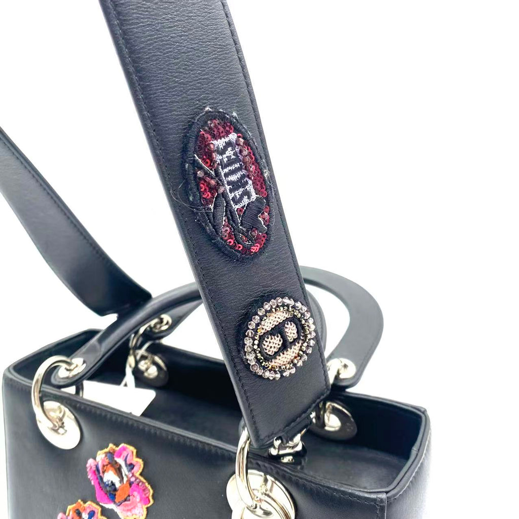 Black Leather Flower Embroidered Medium Lady Dior Tote