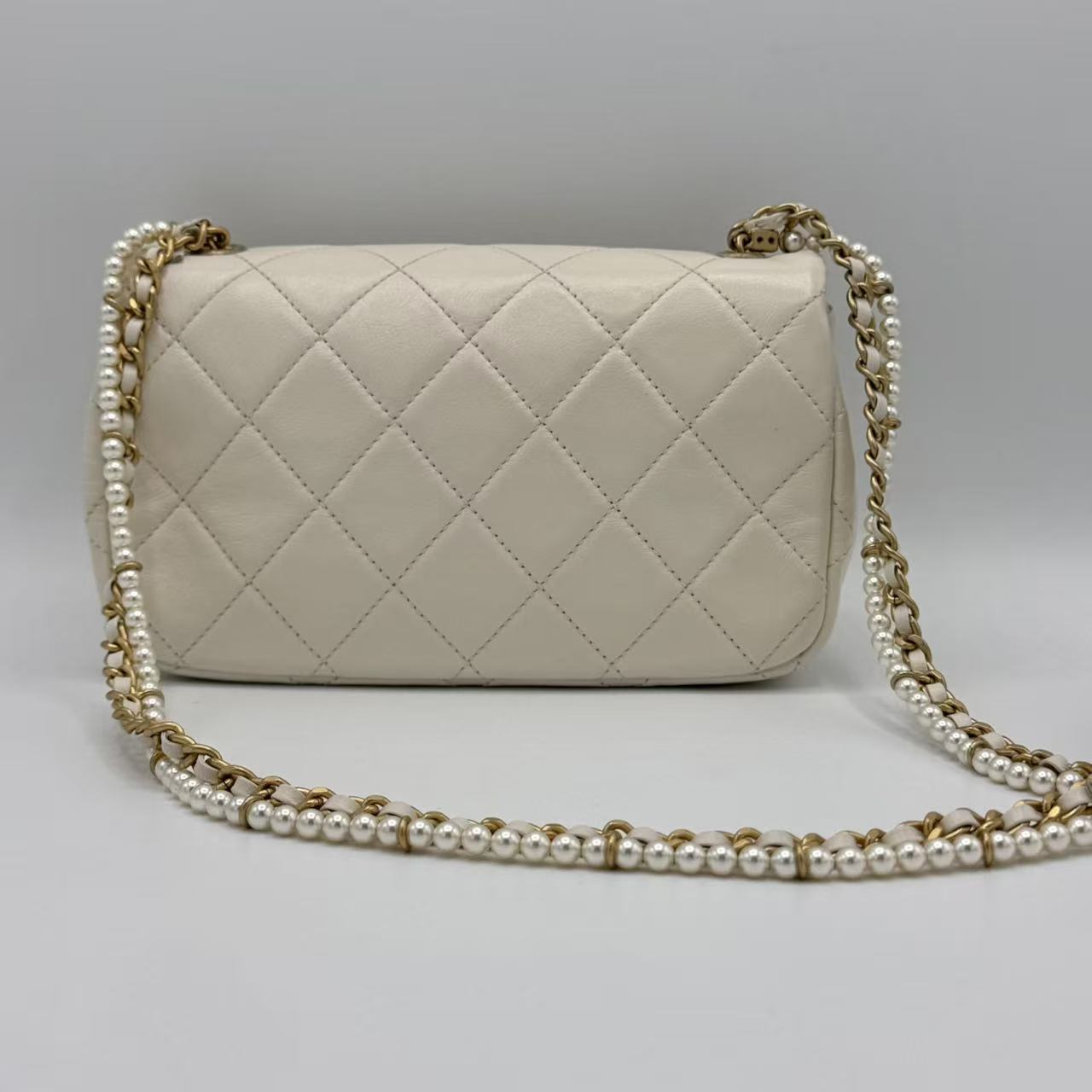 Calfskin Quilted Mini Crystal Pearls Rectangular Flap White