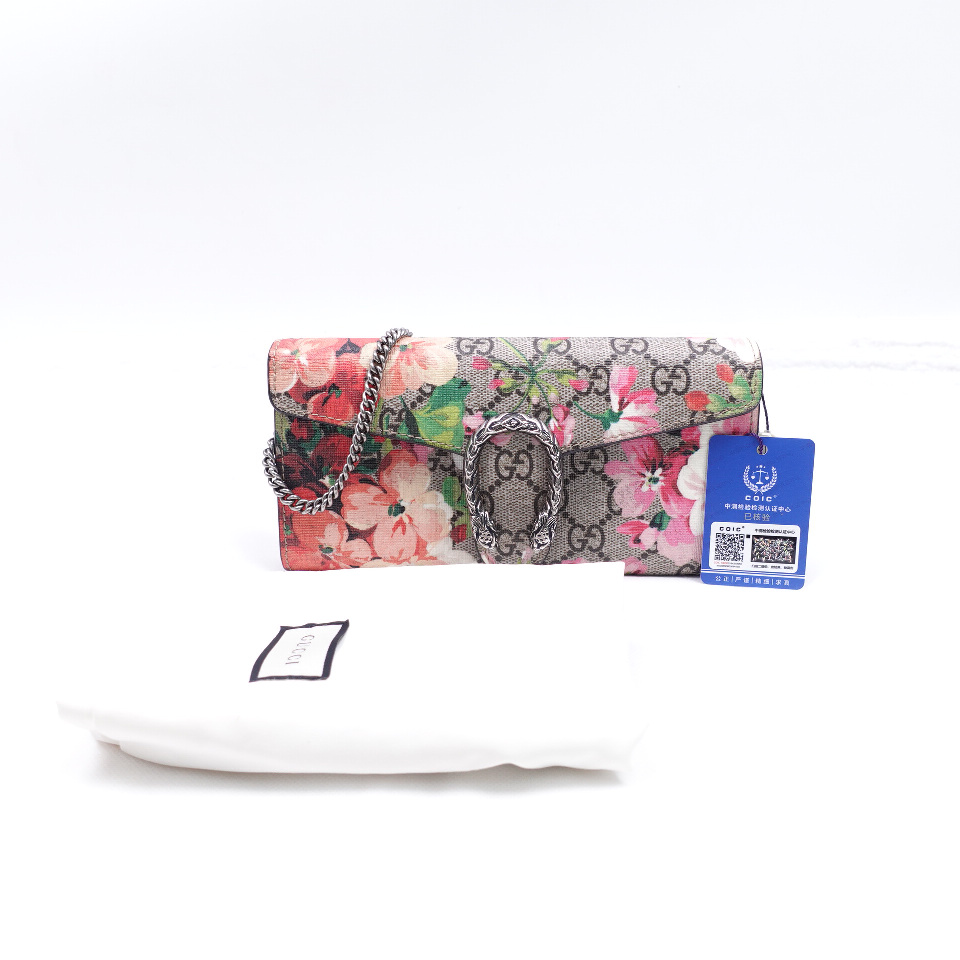 GG Supreme Monogram Blooms Dionysus Chain Clutch Wallet Beige Multicolor Dry Rose