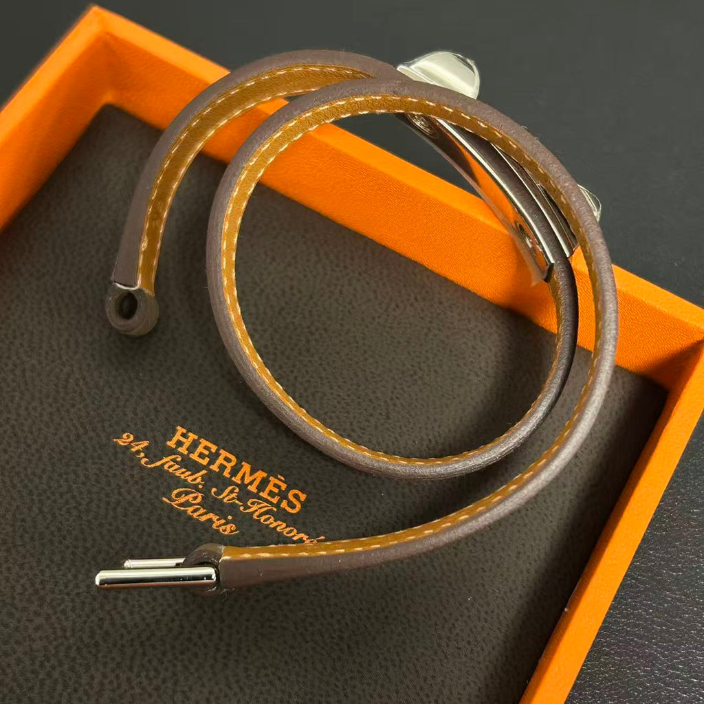 Hermes Etoupe Swift Leather Palladium Plated Rivale Double Tour Bracelet Size S twins LDZ240