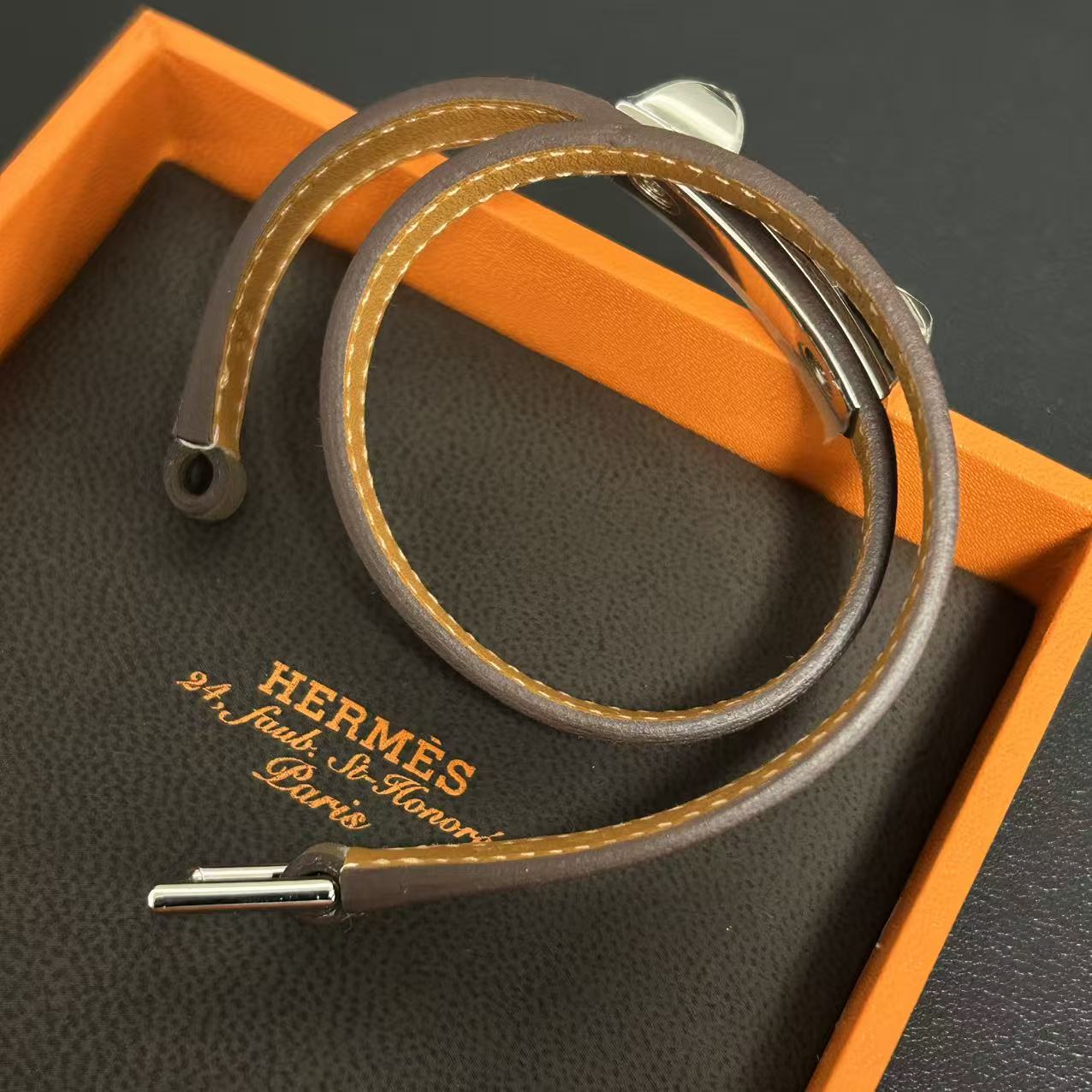 Hermes Etoupe Swift Leather Palladium Plated Rivale Double Tour Bracelet Size S twins LDZ240