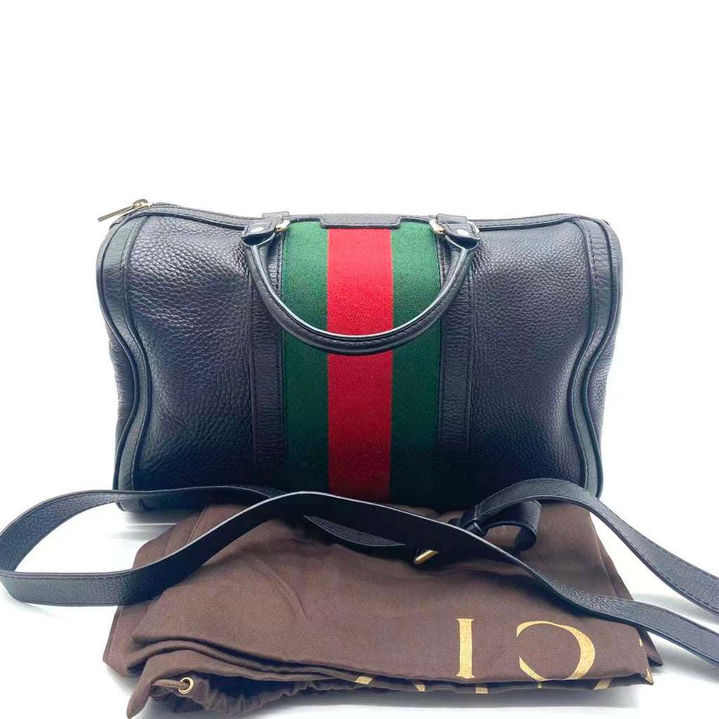 Black Leather Medium Vintage Web Boston Bag