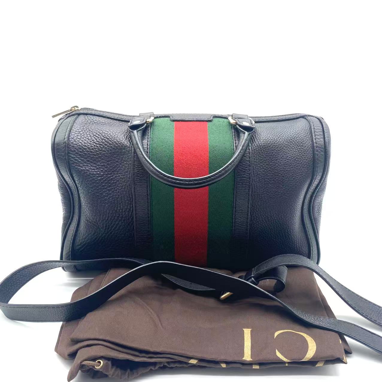 Black Leather Medium Vintage Web Boston Bag