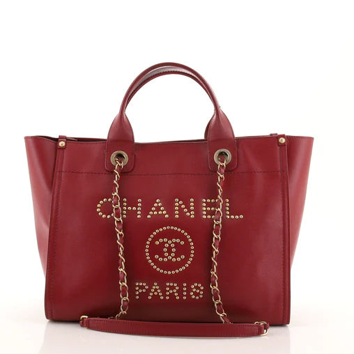 Caviar Small Studded Deauville Tote Red - twins