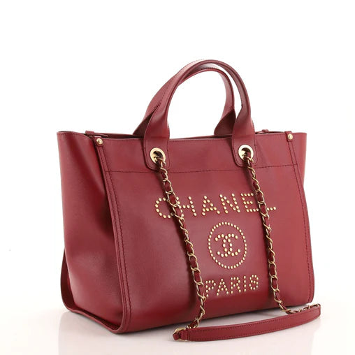 Caviar Small Studded Deauville Tote Red - twins