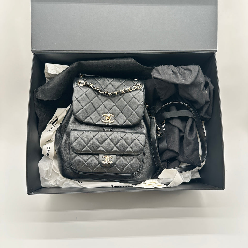 Calfskin Quilted Medium Duma Pockets Drawstring Backpack Black