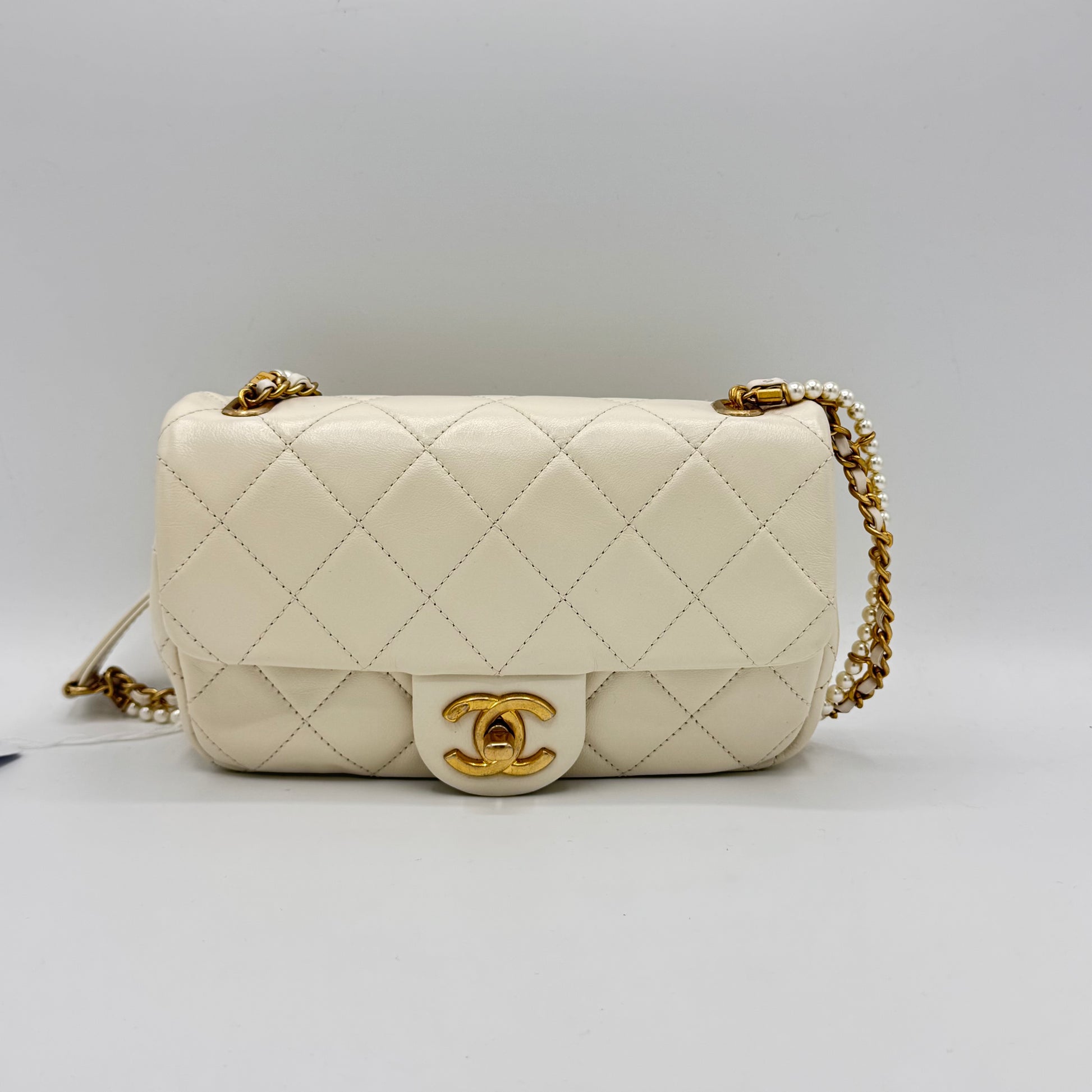Calfskin Quilted Mini Crystal Pearls Rectangular Flap White