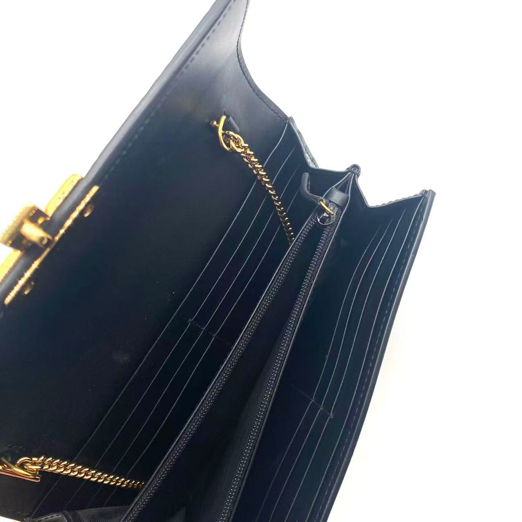 Black Guccissima Leather Padlock Chain Continental Wallet