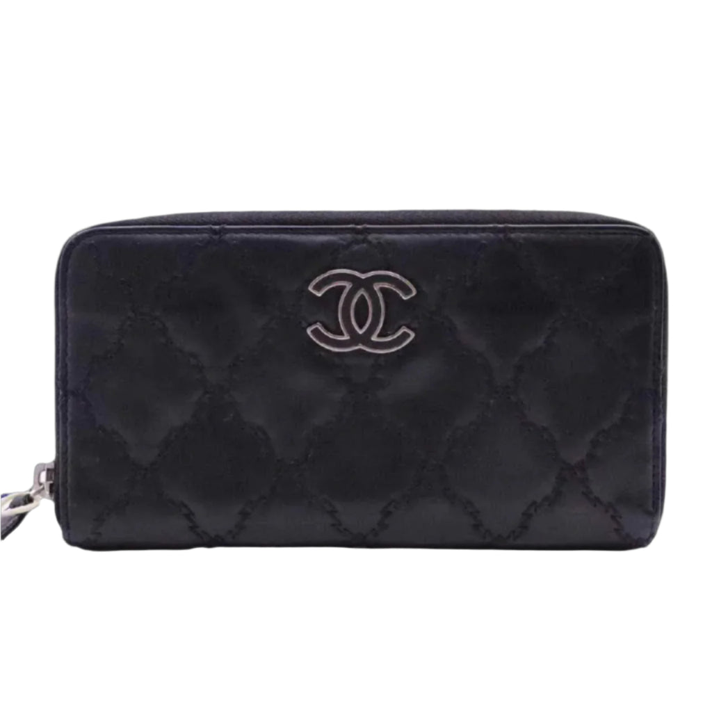 Black Double Stitch Quilted Lambskin Leather Zippy L Wallet twins