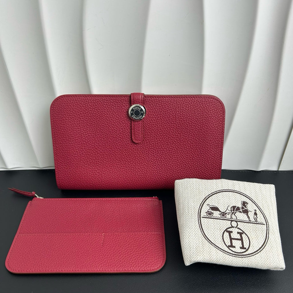 Hermes Rubis Clemence Leather Palladium Plated Dogon Combined Wallet Twins LDJ3059