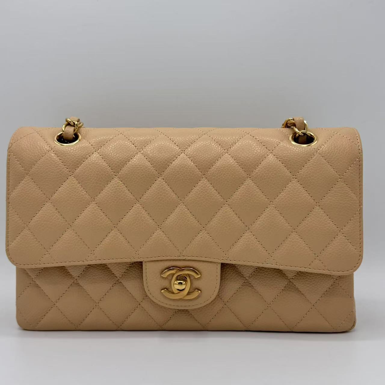 Caviar Quilted  Double Flap Beige Medium