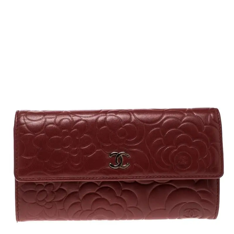 Dark Red Leather Camellia Continental Wallet twins