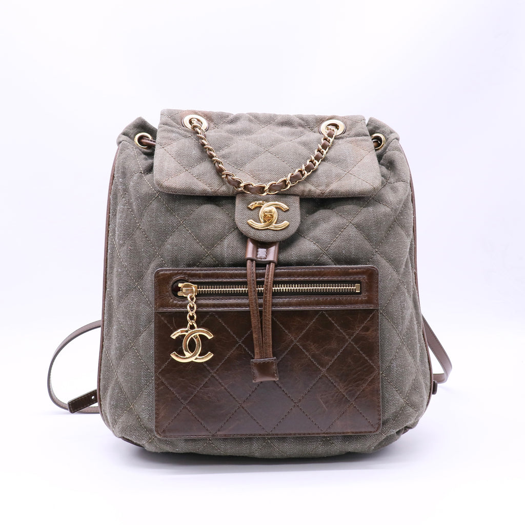 CC Drawstring Quilted Green Denim Medium Backpack twins LDJ4694