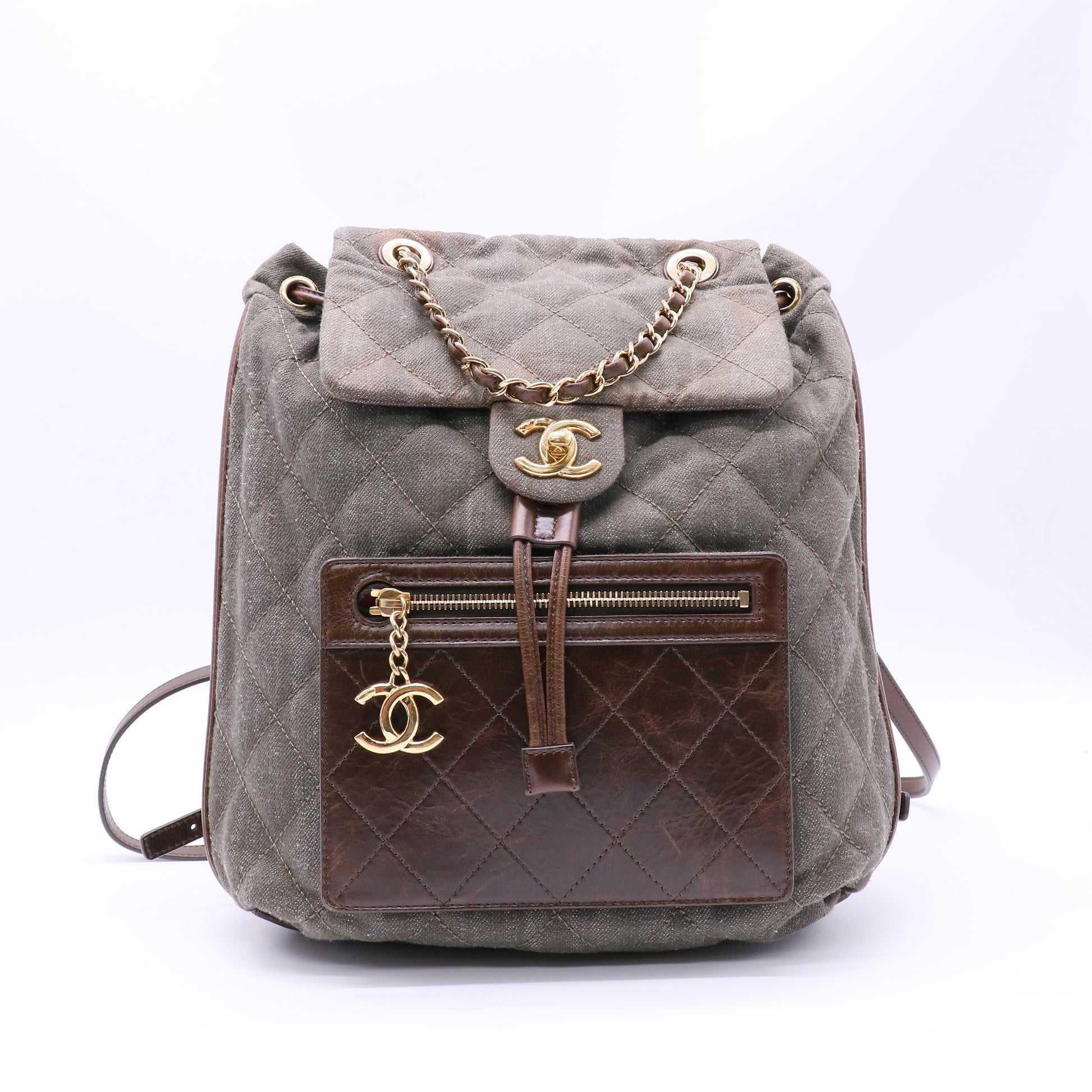 CC Drawstring Quilted Green Denim Medium Backpack twins LDJ4694