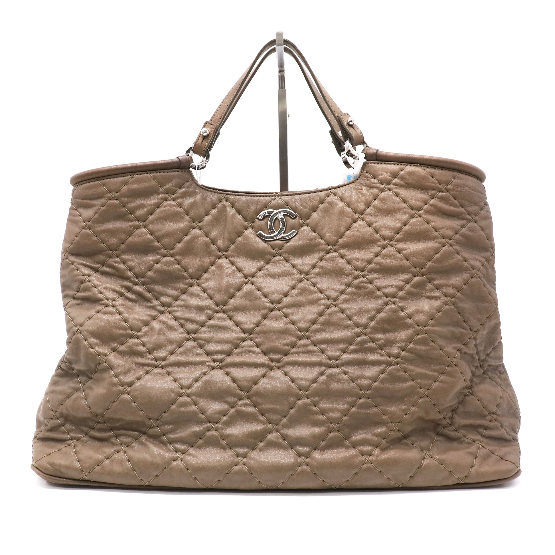 Chanel Taupe Quilted Iridescent Calfskin Leather Tote Bag twins B22976