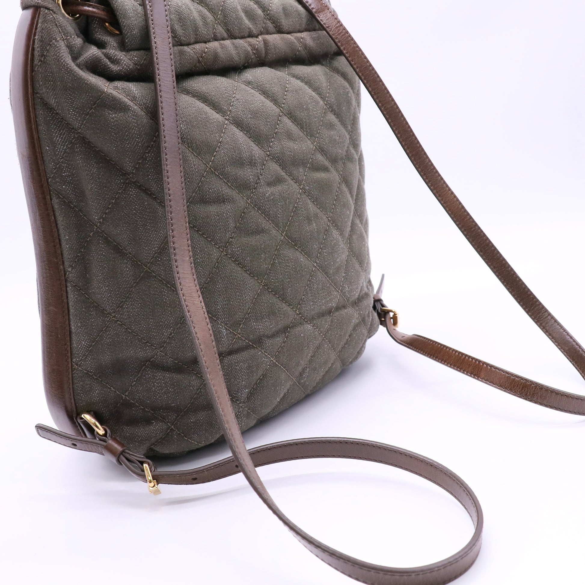 CC Drawstring Quilted Green Denim Medium Backpack twins LDJ4694