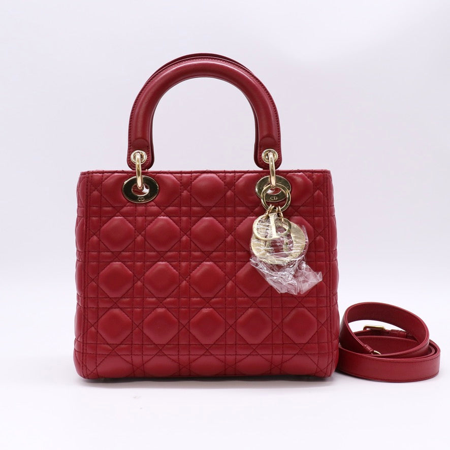 Dior Lady Dior Medium Red Lambskin Leather Top Handle Bag twins LDZ1476