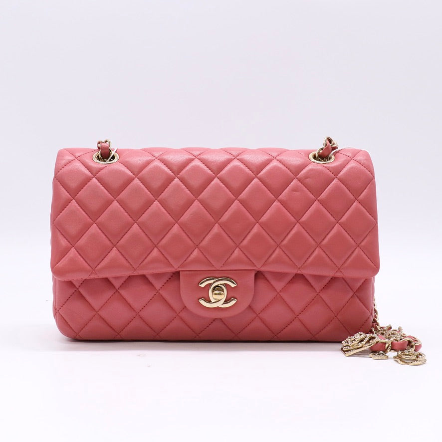 Chanel Classic Medium Valentine Heart Charms Flap Bag Coral Pink twins LDZ1469