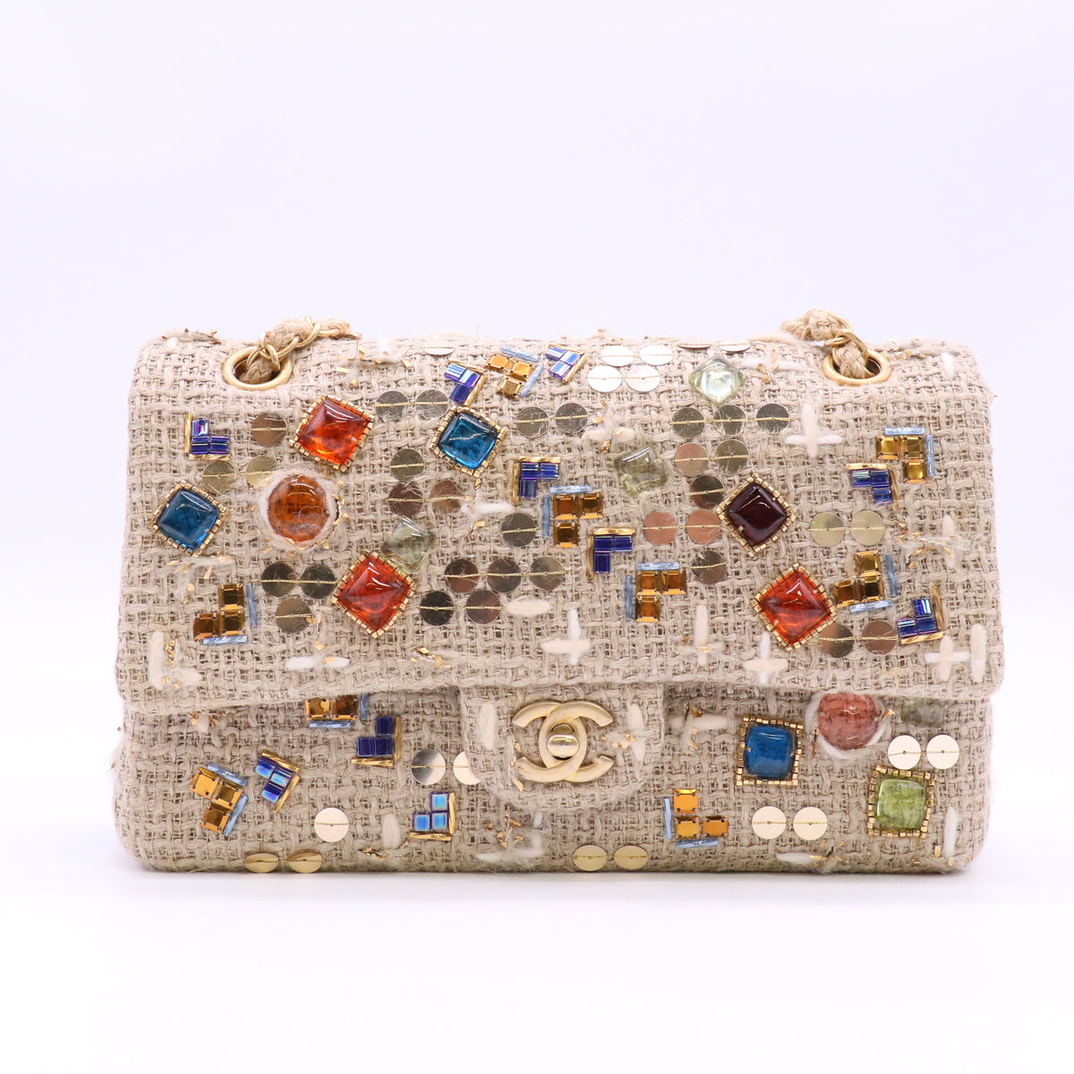 Classic Double Flap Bag Embellished Woven Raffia Medium Twins LDJ6623
