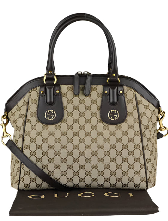 Beige/Ebony GG Canvas Scarlett Medium Top Handle Bag twins