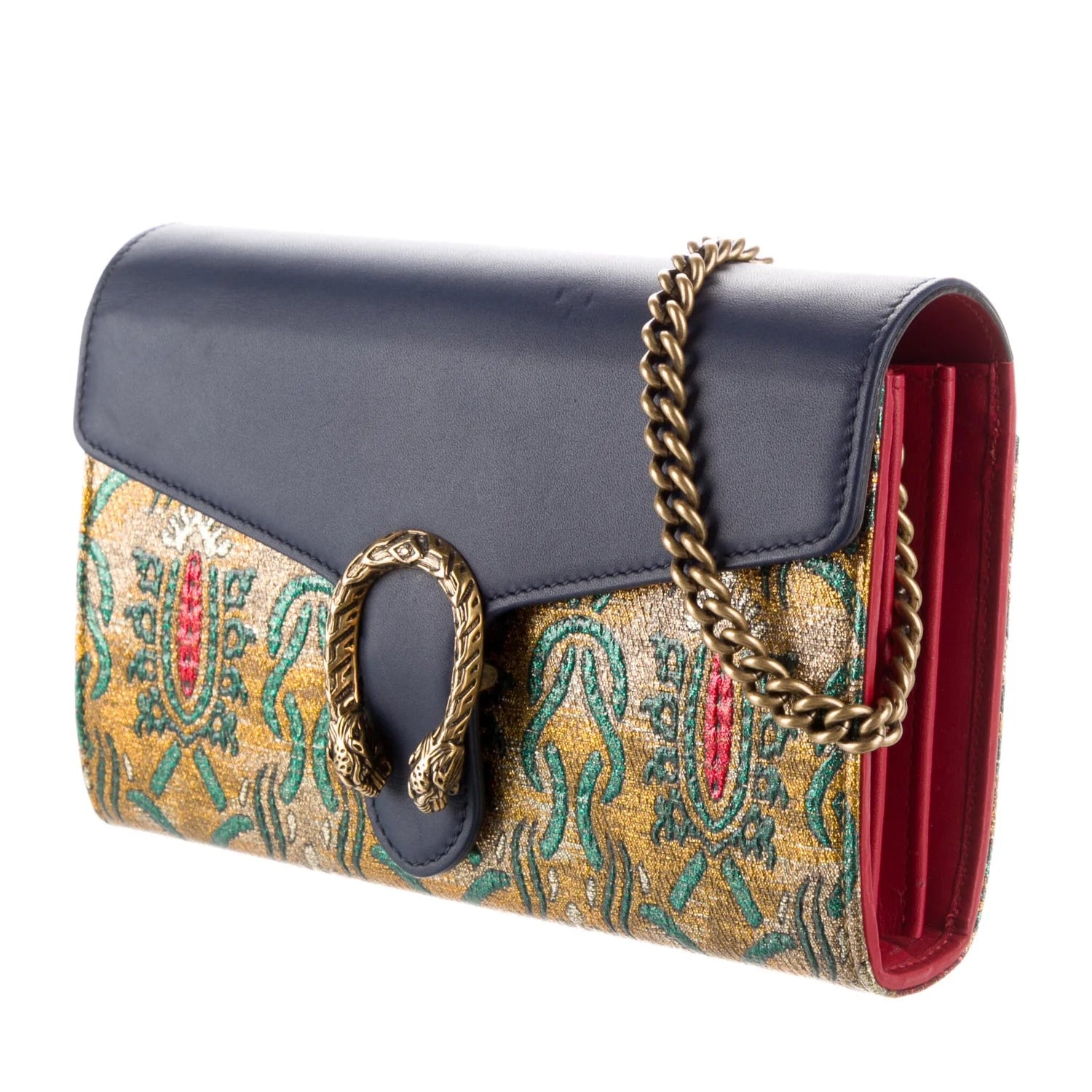 Blue/Yellow Brocade And Leather Dionysus Wallet On Chain twins
