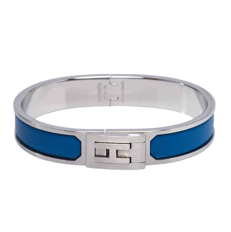 Hermes Bleu de Biarritz Mat Enamel Brushed Palladium Plated Jet Bracelet twins W22565