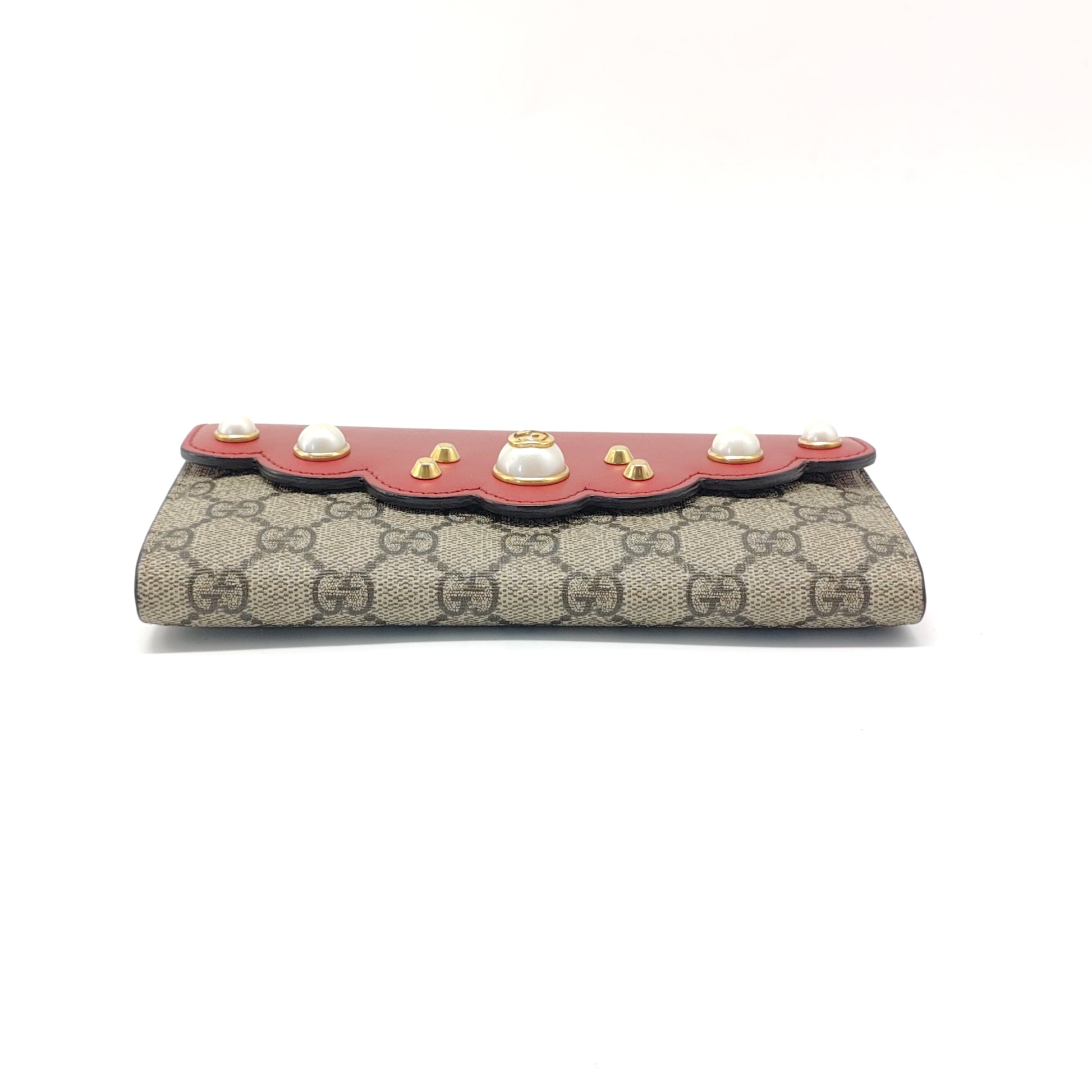 GG Supreme Monogram Pearl Studded French Wallet