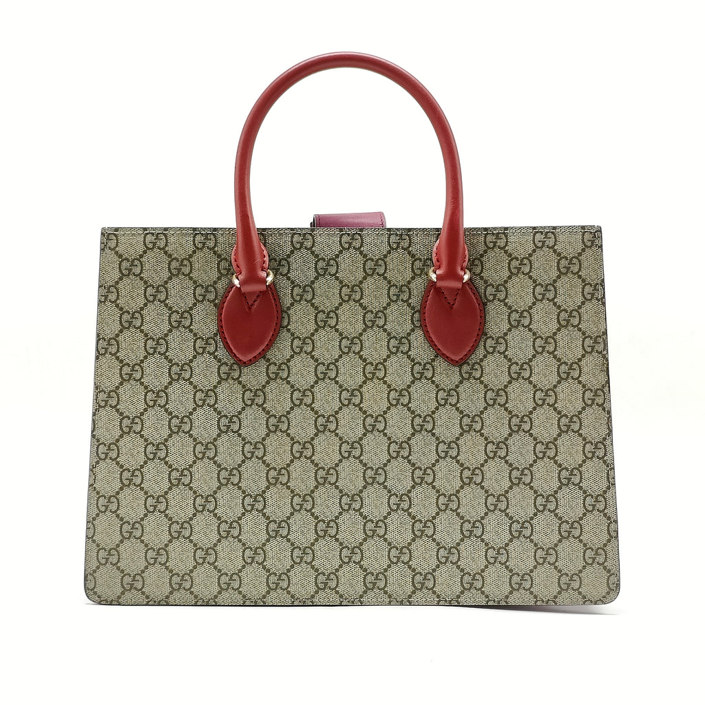 GG Supreme Monogram Small Top Handle Bag Beige Ebony Hibiscus Red Ne w Rosette