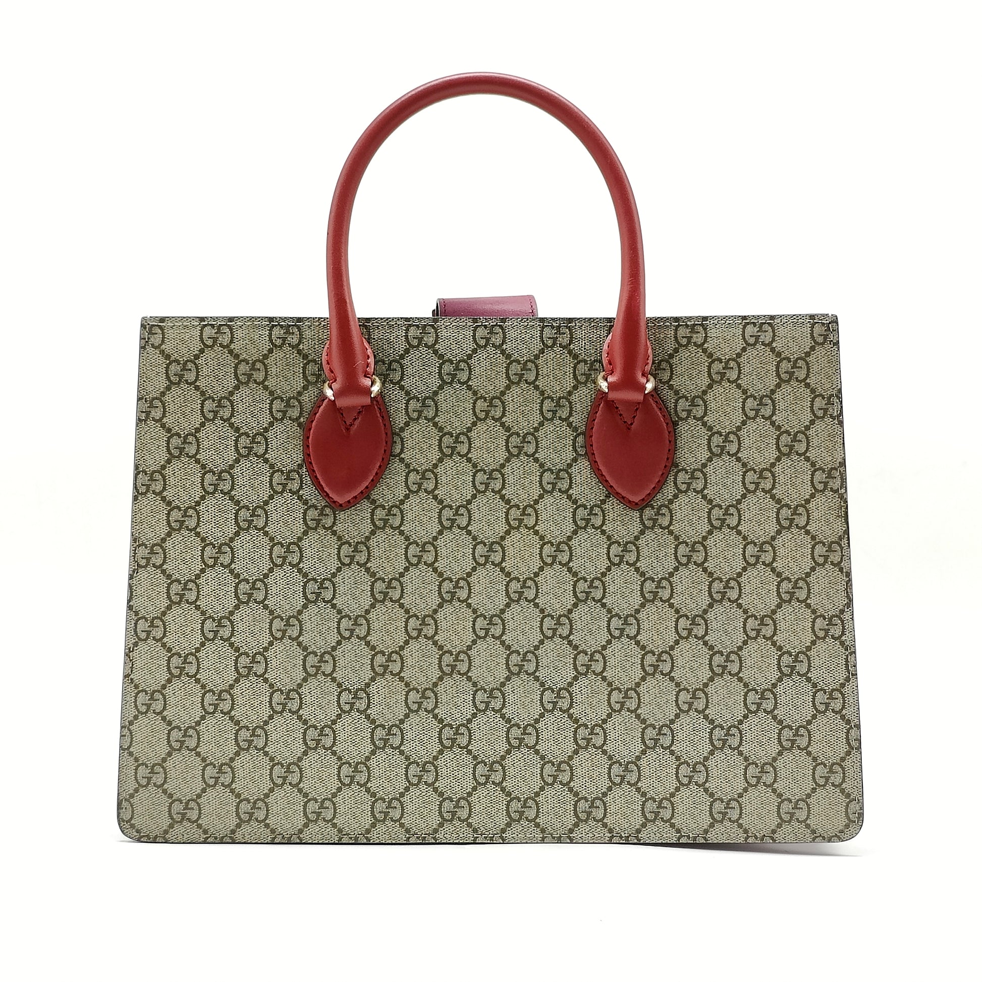 GG Supreme Monogram Small Top Handle Bag Beige Ebony Hibiscus Red Ne w Rosette