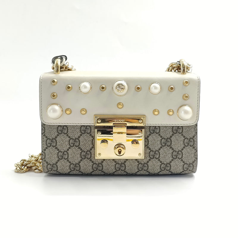 GG Supreme Monogram Studded Small Padlock Shoulder Bag White