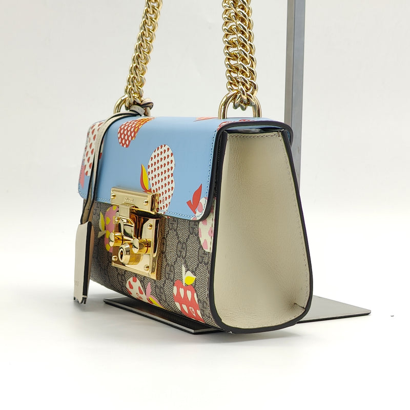 GG Supreme Monogram Les Pommes Small Padlock Shoulder Bag Beige Ebony Multicolor Abstract Blue